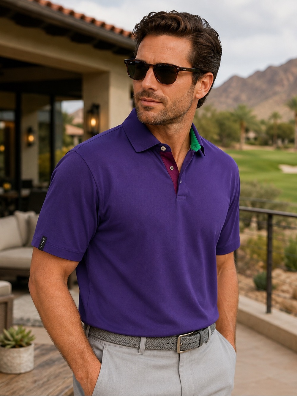 RLX Ralph Lauren Men’s L Purple Performance Golf Polo Green Contrast Stretch